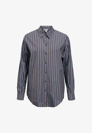 Chemise à manches longues boutonnée avec des rayures verticales marron et bleu, col classique et poignets, présentée sur fond blanc.