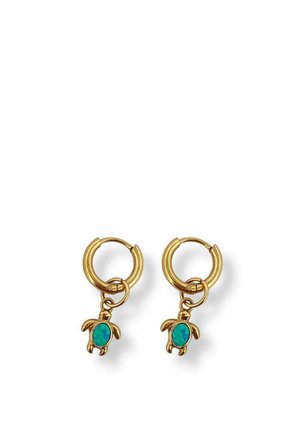 Gold hoop earrings with small turtle charms featuring green-blue inlays as the turtle shells, displayed on a white background.