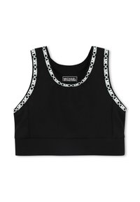 Zwarte crop top gemaakt van elastische stof met een ronde halslijn en een witte kettinglinkpatroon langs de randen, voorzien van een merklabel.