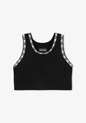 Crop top noir en tissu extensible avec un col rond et un motif de maillons blancs le long des bords, avec une étiquette de marque.