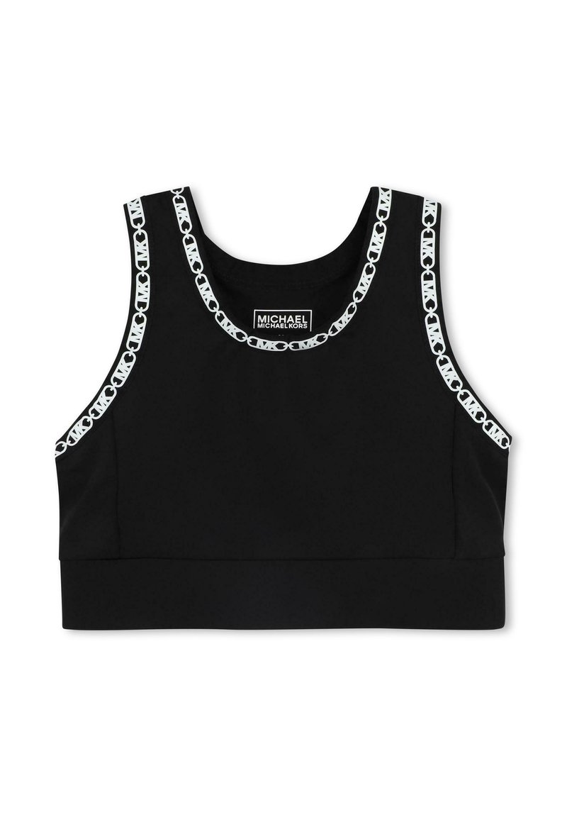 Zwarte crop top gemaakt van elastische stof met een ronde halslijn en een witte kettinglinkpatroon langs de randen, voorzien van een merklabel.