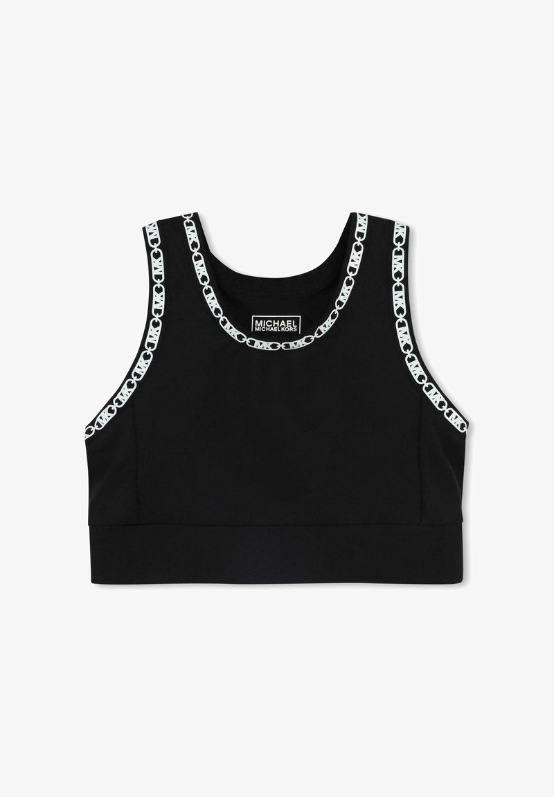 Zwarte crop top gemaakt van elastische stof met een ronde halslijn en een witte kettinglinkpatroon langs de randen, voorzien van een merklabel.