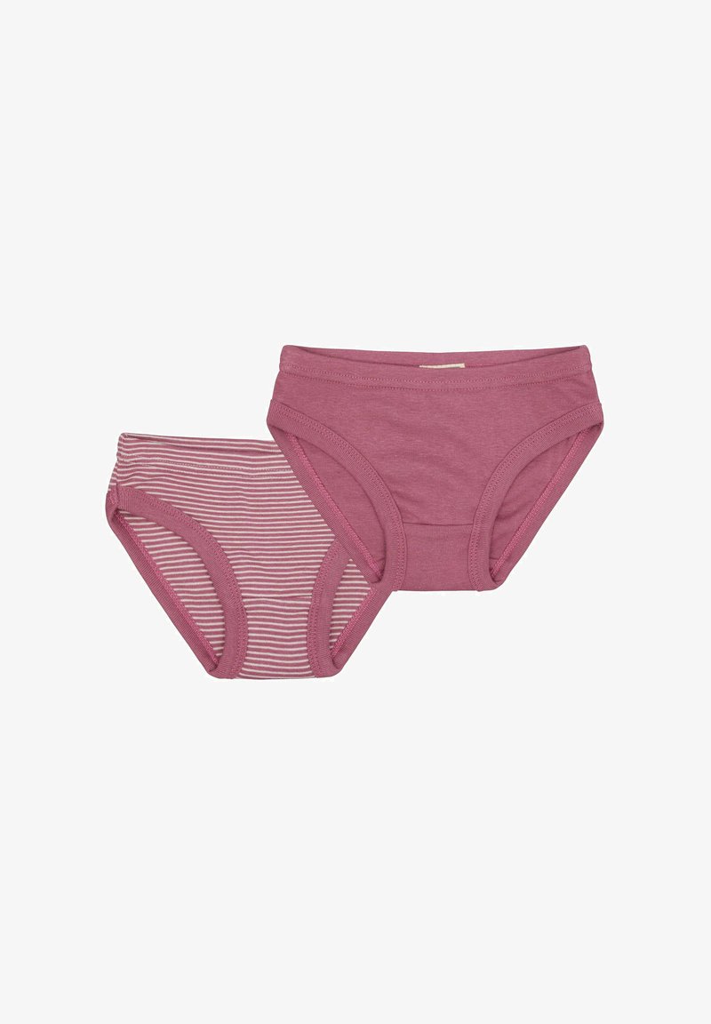 Two pairs of underwear: one solid dark pink and one with pink and white stripes, both featuring a soft, elastic waistband.