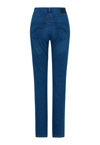 Jean en denim bleu avec un design à jambe droite, comportant deux poches arrière, des détails cousus et une texture lisse.