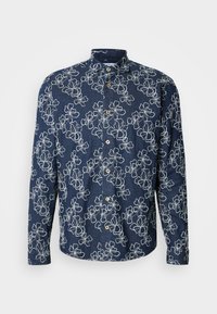 Μπλε ναυτικό μακρυμάνικο πουκάμισο με λευκή κεντητή άνθη, γιακά με κουμπιά και πέντε κουμπιά μπροστά. Μαλακό ύφασμα με ομαλή υφή.