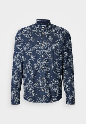 Granatowa koszula z długim rękawem, białą kwiatową haftą, kołnierzykiem na guziki i pięcioma guzikami z przodu. Miękki materiał o gładkiej fakturze.