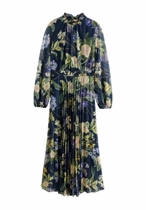Longue robe bleue marine à fleurs jaunes et violettes, manches longues, col haut à volants et jupe plissée.