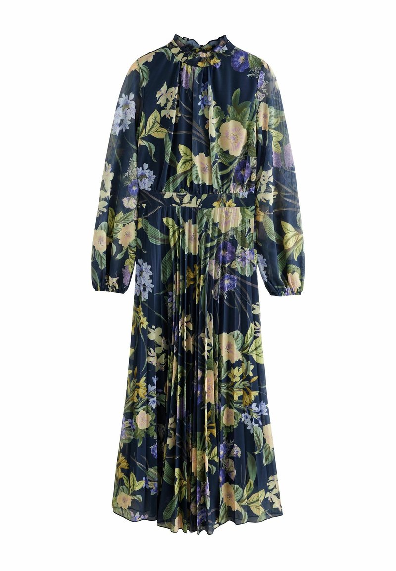 Longue robe bleue marine à fleurs jaunes et violettes, manches longues, col haut à volants et jupe plissée.