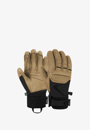 Tan leather gloves with textured tips and reinforced palms, featuring a black elastic cuff and a secure wrist strap for adjustable fit.