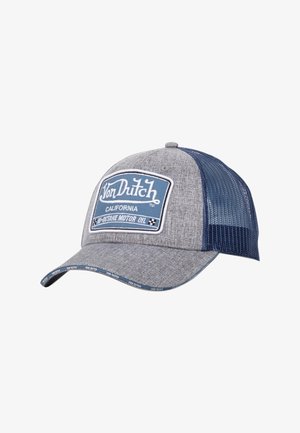 Casquette trucker Von Dutch gris et bleue avec dos en maille, visière incurvée et écusson frontal indiquant "Von Dutch California Hi-Octane Motor Oil".