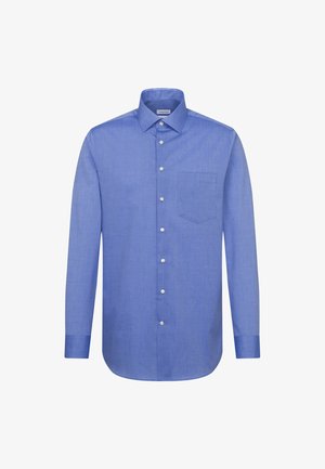 Hellesblaues Langarmhemd aus gewobener Stoffqualität, mit einem Button-Down-Kragen, durchgehender Knopfleiste und einer einzigen Brusttasche.