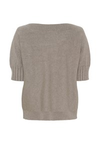 Lys grå strikket sweater med korte puffærmer. Har ribbede detaljer ved ærmerne og kanten, med en glat tekstur hele vejen igennem.