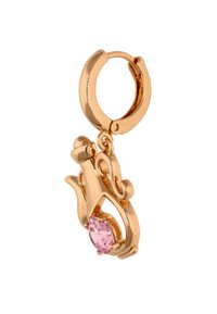 Orecchino a cerchio color oro con un design filigranato, caratterizzato da una pietra centrale rosa, finitura metallica liscia e chiusura a scatto sicura.