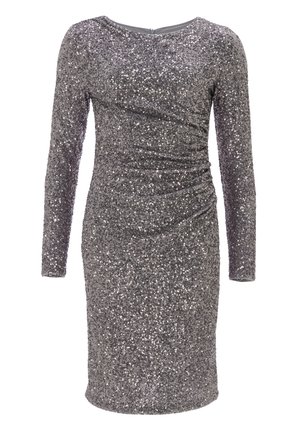 Szürke flitteres ruha hosszú ujjal, testhezálló fazonú, oldalsó gathered részletekkel, kerek nyakkivágással és hátsó cipzárral.