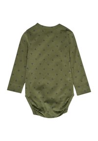 Langsleeve bodysuit in olijfgroene katoen met een marineblauw bloemenpatroon, voorzien van een ronde halslijn en drukknoopsluiting aan de onderkant.