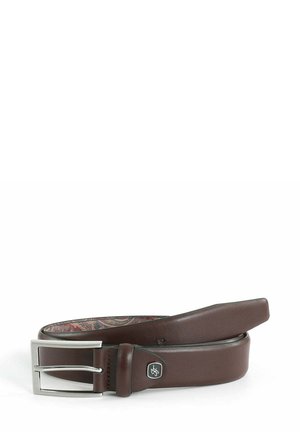 Brown leather belt with a metal double-prong buckle. The interior features a patterned design visible along the lining. Smooth texture overall.