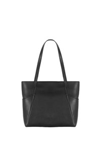 Czarna skórzana torba typu tote o zarysowanym kształcie, wyposażona w dwa długie uchwyty oraz szczegóły w geometryczne panele. Gładka tekstura z minimalistycznym wyglądem.