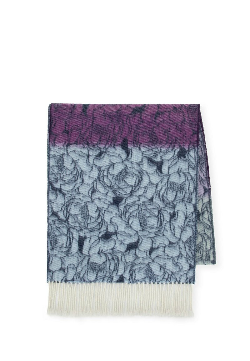 Sciarpa con motivo floreale che sfuma dal viola profondo al blu chiaro, caratterizzata da bordi frangiati, una consistenza morbida e intricati disegni di rose.