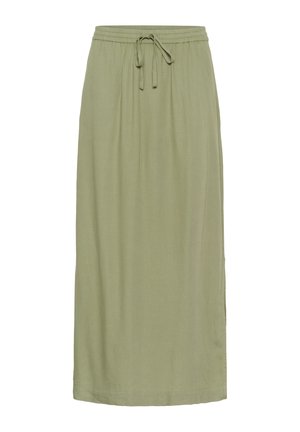 Zelena suknja do koljena izrađena od lagane tkanine. Ima elastičnu gumicu s vezicom, bočne šavove i jednostavan, neukrašen dizajn.