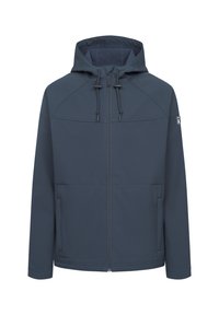 Giacca zip-up blu navy con cappuccio, caratterizzata da una finitura testurizzata, con corde regolabili e due tasche anteriori.