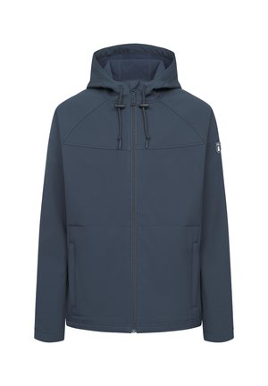 Dunkelblaue Zip-Jacke mit Kapuze, mit strukturiertem Finish, verstellbaren Kordelzügen und zwei vorderen Taschen.