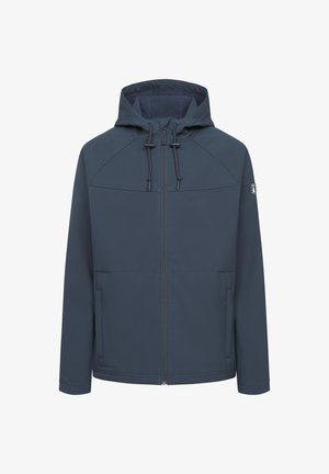 Mørkeblå zip-up jakke med hætte, der har en struktureret overflade, justerbare snore og to forlommer.