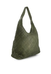 Olijfgroen gevlochten tas met een hobo-vorm en een enkele brede schouderband. Textuur materieel over het hele lichaam. Glad trim langs de opening.