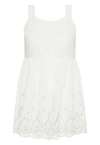 Robe en coton blanc avec un corsage ajusté et de larges bretelles. La jupe évasée présente une broderie œillets décorative à l'ourlet.