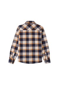 Geruite flanellen overhemd in beige, marineblauw en oranje. Heeft lange mouwen, knoopmanchetten en een klassieke kraag met een gebogen zoom.
