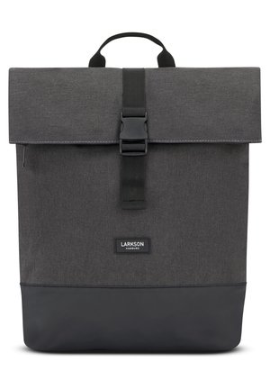 Dark gray backpack with a fold-over flap, adjustable buckle closure, textured fabric upper, and a solid black bottom section.