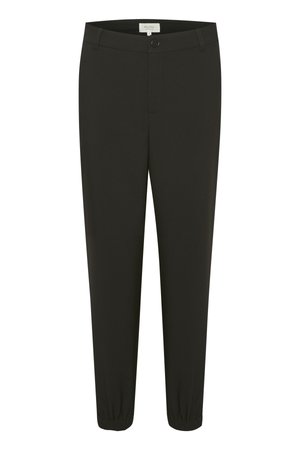 Pantalons noirs fuselés en tissu lisse, dotés d'une fermeture à bouton et de poignets élastiques pour un ajustement confortable. Design simple sans motifs supplémentaires.