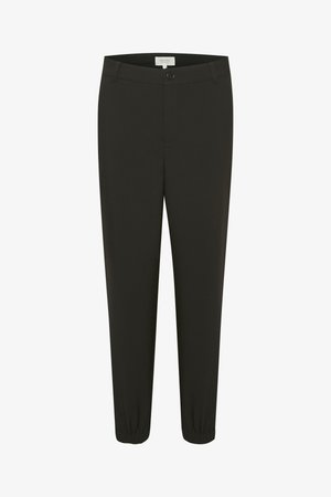 Mustad kitsad püksid, mis on valmistatud siledast kangast, nupuga kinnitusega ja elastsete mansettidega mugavaks istuvuseks. Lihtne disain, ilma lisamustriteta.