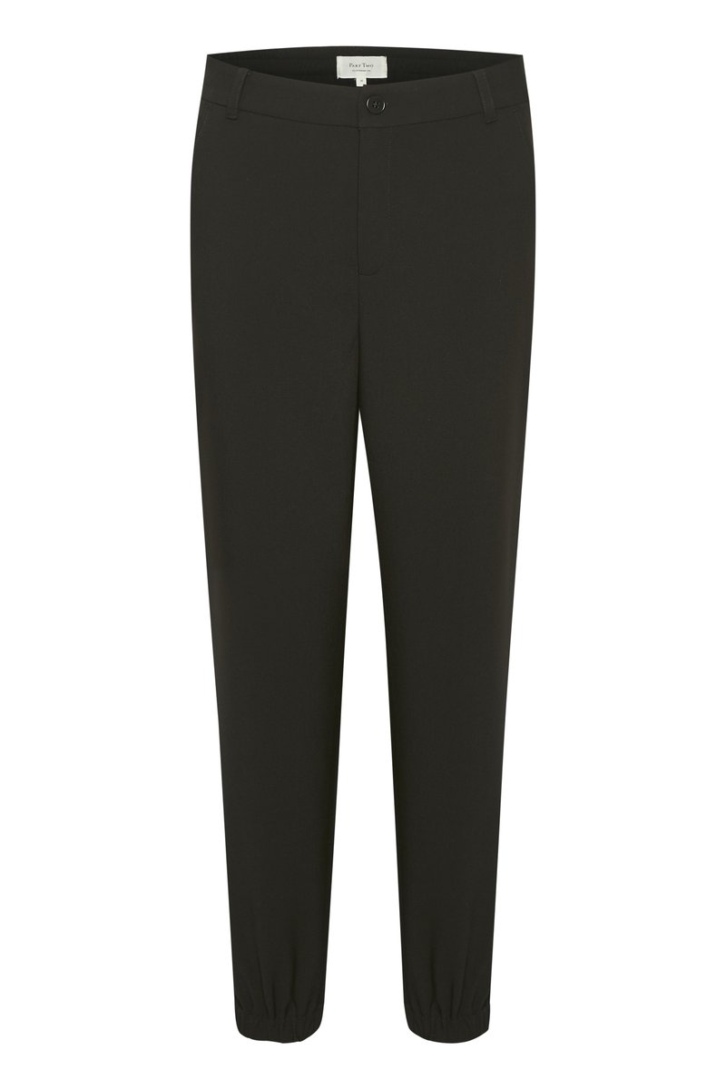 Czarne tapered pants wykonane z gładkiego materiału, z zapięciem na guzik i elastycznymi mankietami, zapewniającymi dopasowane danie. Prosty design bez dodatkowych wzorów.