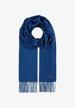 Sciarpa blu realizzata in materiale morbido, caratterizzata da una superficie liscia e dettagli in frange alle estremità. Include un piccolo tag del marchio.
