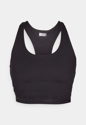 Black sports bra made from smooth fabric featuring a racerback design and rounded neckline, with a small logo on the back.