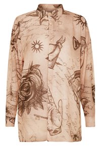 Camicia a maniche lunghe con bottoni in tessuto beige chiaro, caratterizzata da illustrazioni marroni di rose, mani, sole, chiavi e motivi script.
