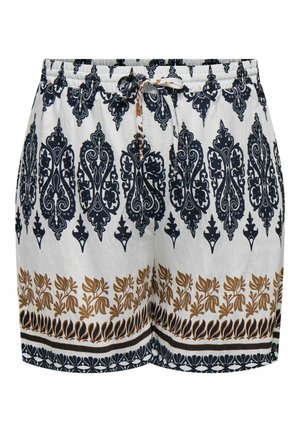 Baltas šorti ar melniem un brūniem sarežģītiem ziedu un ģeometriskiem rakstiem, elastīgu jostasvietu un priekšpusē piesienamu auklu.