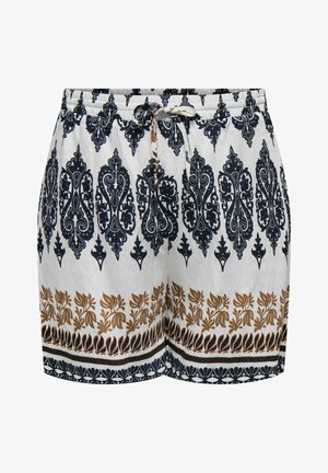 Fehér rövidnadrág fekete és barna, bonyolult virág- és geometriai mintákkal, elasztikus derékpánttal és elöl megkötős zsinórral.