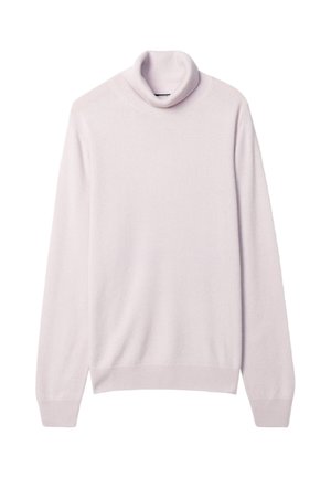 Hellrosa weicher Strickpullover mit Rollkragen, langen Ärmeln und gerippten Bündchen und Saum, abgebildet auf weißem Hintergrund.