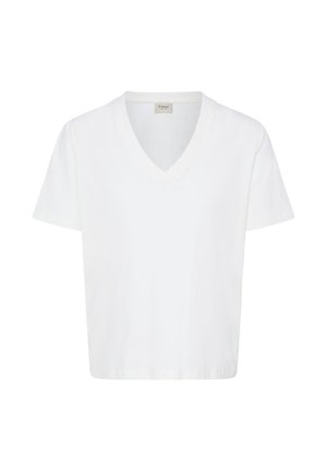White short-sleeve V-neck T-shirt with a straight hem and a small brand label inside the collar.