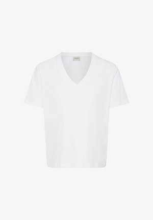 Weißes T-Shirt mit kurzen Ärmeln und V-Ausschnitt, geradem Saum und einem kleinen Markenetikett innen am Kragen.