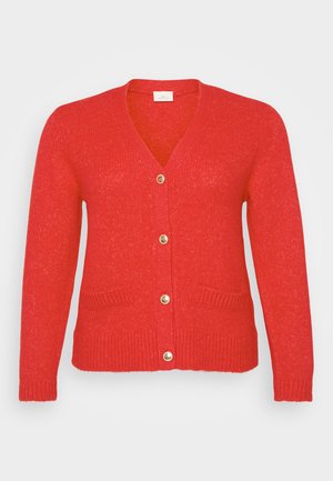 Red cardigan with a V-neck, gold buttons, ribbed hem and cuff, featuring two front pockets and a textured knit material.