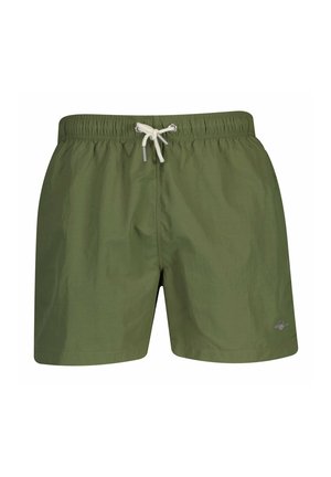 Olijfgroene zwembroek voor heren met elastische tailleband en witte trekkoord, voorzien van een klein geborduurd logo op het onderste gedeelte van het rechterbeen.