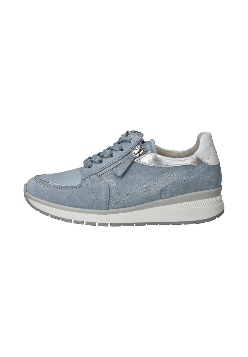 Light blue suede sneaker with silver accents, lace-up design, side zip closure, white heel counter, and textured rubber sole.