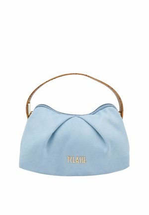 Borsa a mano in tessuto morbido azzurro chiaro con manico curvo in bambù e logo metallico dorato "1ª CLASSE" sul davanti al centro.