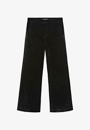 Pantalons larges noirs en velours doux, présentant une taille mi-haute, deux poches latérales et des détails de couture subtils.