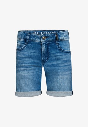 Denim shorts in medium blauw met een vervaagde was, vijf-pocket ontwerp, opgerolde zoom en zichtbare voorzijde knoop- en ritssluiting.