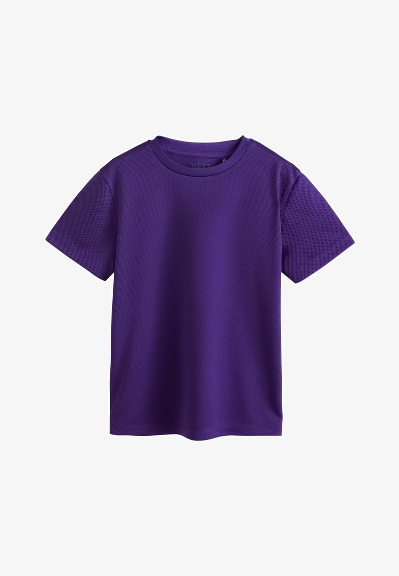 T-shirt violet à manches courtes et col rond avec un tissu texturé, présenté sur fond blanc.