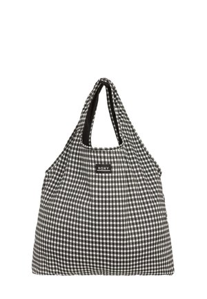 Sac fourre-tout à motif vichy noir et blanc avec une forme décontractée, deux longues anses et une petite étiquette logo noire. Le matériau semble doux et léger.