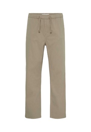 Beige vrijetijdsbroek met een elastische tailleband en trekkoord, rechte pijpen, voorkant zichtbaar, geïsoleerd op een witte achtergrond.
